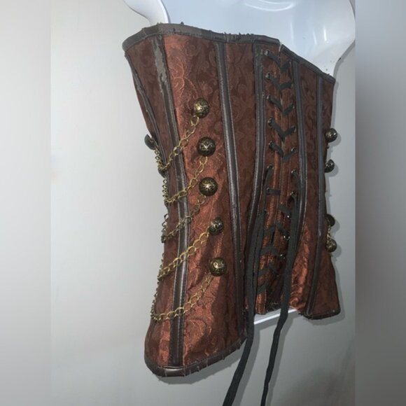 Mahogany Damask Steampunk Over-Bust Corset Top w/ Gold Accents Sz S/M - Picture 12 of 16